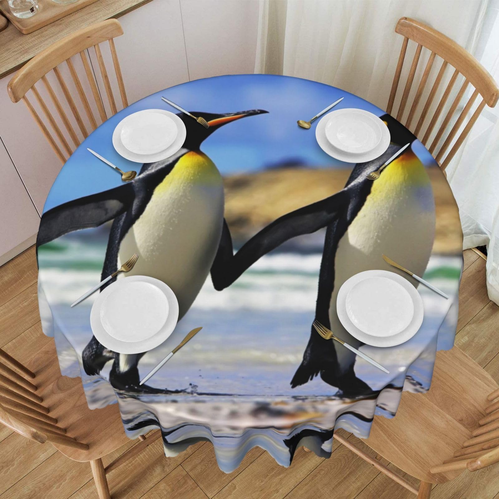 Nappe ronde en polyester imprimé pingouin Ø 152 cm pour table de cuisine et salle à manger