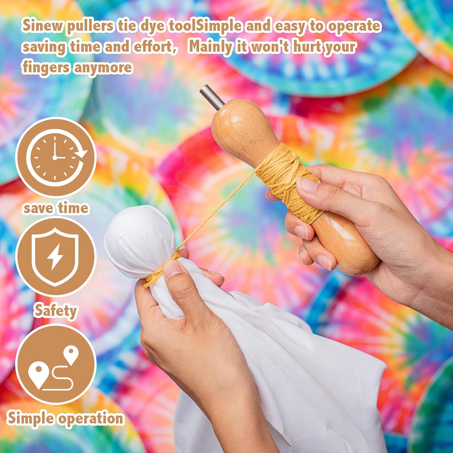 Wavwavw 2 Pcs Tie Dye Tool 1 Sinew Puller Tool for Tie Dye with Winding Sinew Pulling Device for DIY and 295 Yard White Waxed Thread Kits for Adults (Orange Thread)