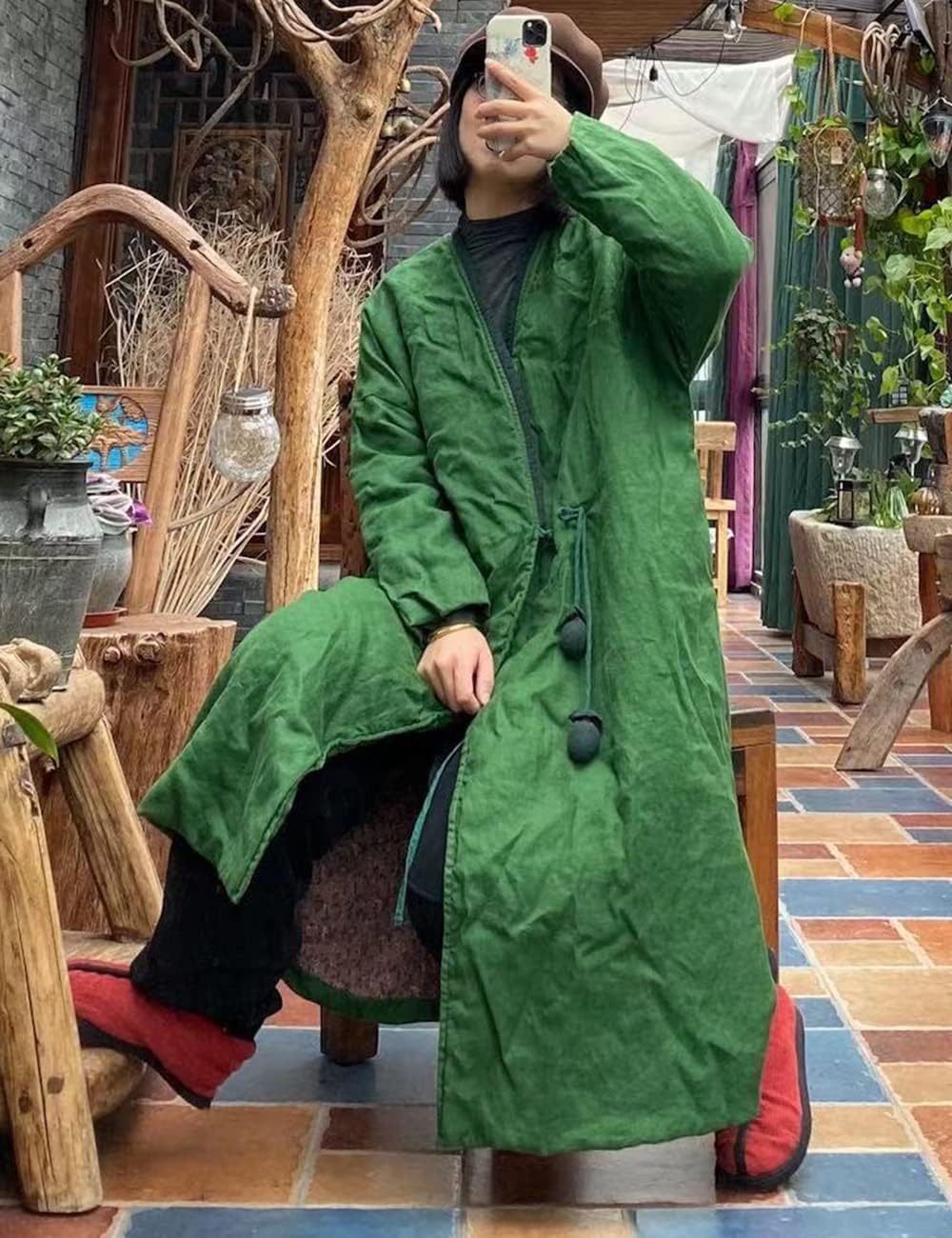 NFYM Women's Trench Coat Linen Cotton Quilted Open Front Wrap One Button Cardigan Loose Outwear Jacket