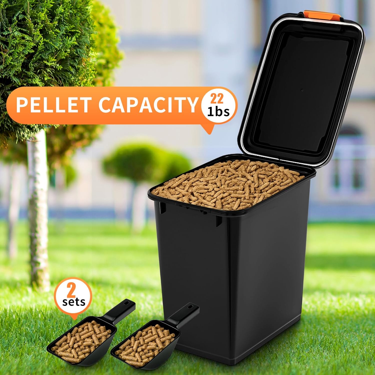 Maxdot 2 Sets 22lb Dry Pellet Storage Bin Pack with Scoops and Labels Grill Accessories Wood Pellet Storage Containers with Flavor Stickers Airtight for Grill Pellets