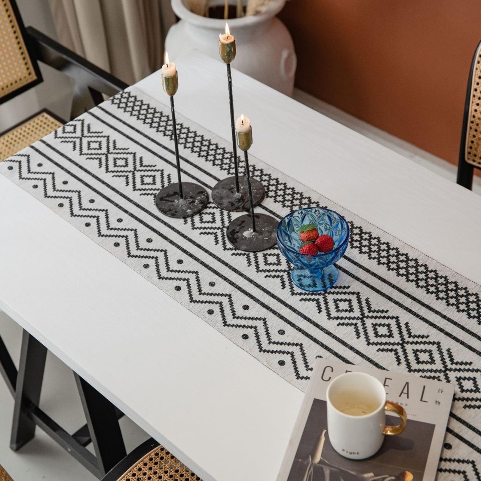 Tischläufer Polyester Modern, Tischläufer Landhausstil 35x200 cm, Jacquard mit Geometrische Muster und Quasten
