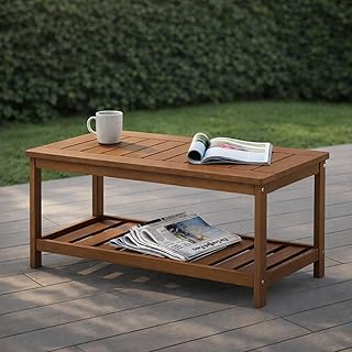 Furinno TIOMAN Patio Table, Outdoor Coffee Table with Shelf, Side Table for Patio Garden Porch, Teak Oil Finish, Light Wood