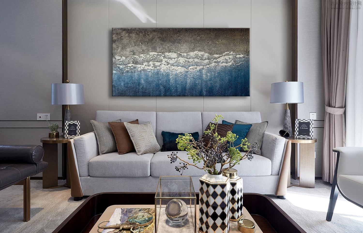 Landswaydecor Blue and Grey Abstract Wall Art Large Size Hand Painted Textured Oil Painting on Canvas for Bedroom