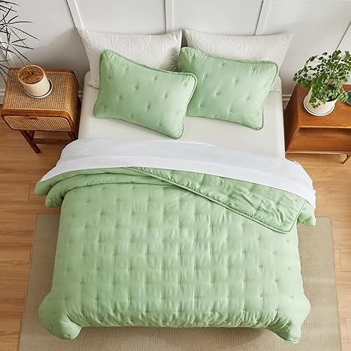 Miniatura 3 de Joyreap Juego de edredón de 3 piezas, tamaño Queen, color verde, juego de cama ligero de microfibra, colcha para todas las estaciones, 1 edredón y 2