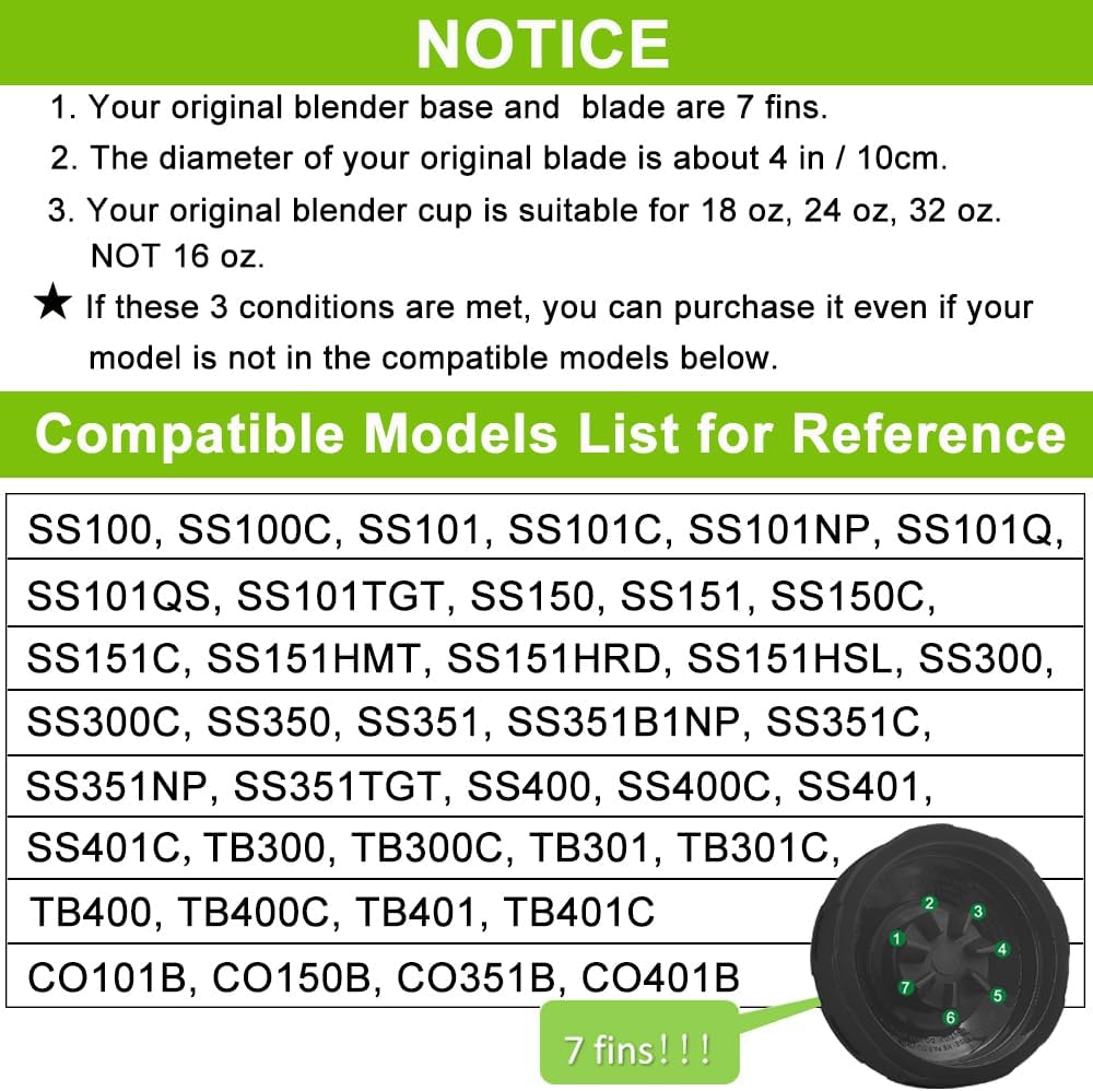 SS101 Blender Blade Replacement Parts Compatible with Nutri Ninja Foodi Power Blender SS100 SS101 SS150 SS151 SS351 SS400 SS401 TB301 TB401 CO101B CO351B CO401B, for Ninja Blender Assembly (7 Fins)