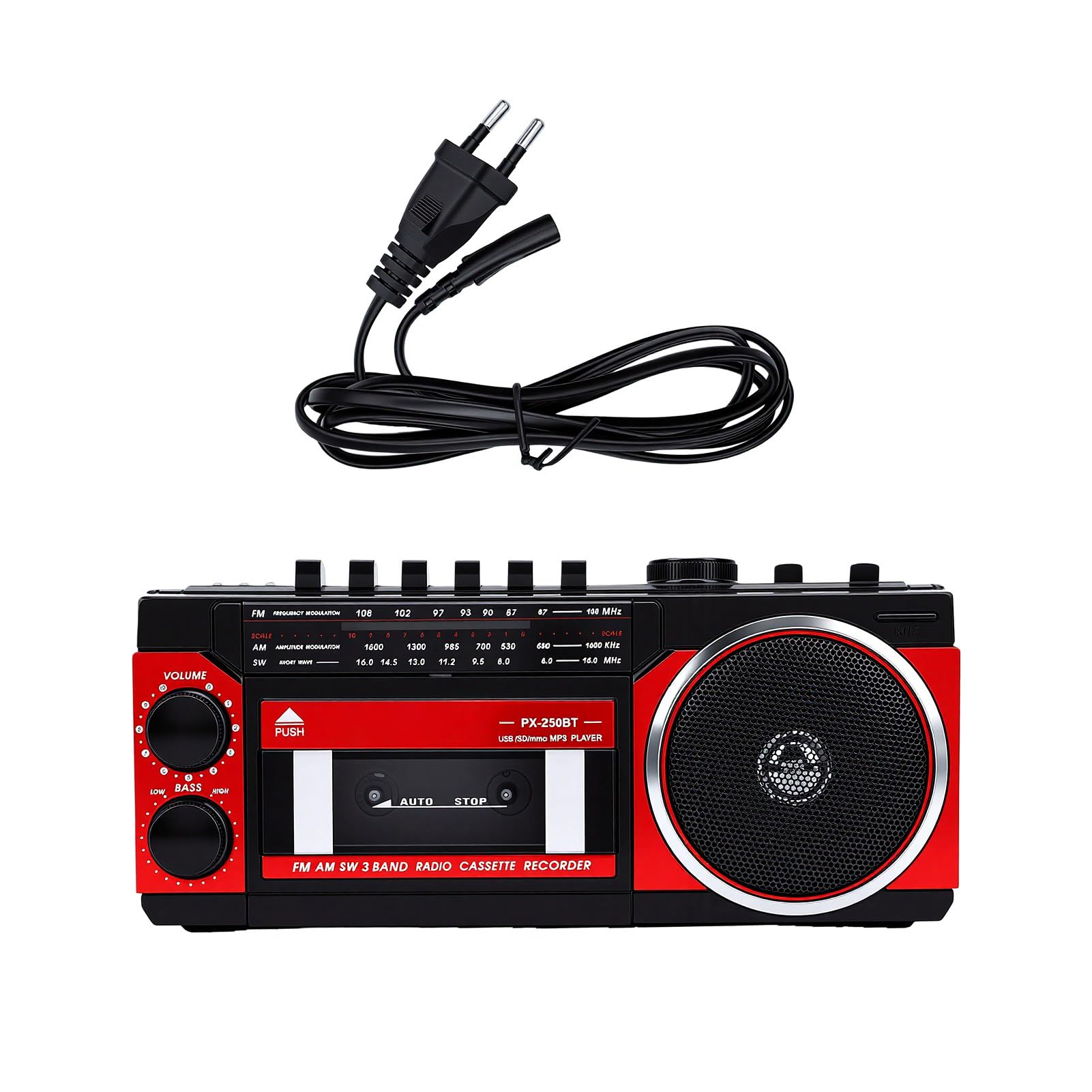 Przenośny Odtwarzacz Kasetowy z technologią Bluetooth (wtyczka UE) | Odtwarzanie USB, radio FM, wbudowany głośnik, gniazdo słuchawkowe, do użytku w pomieszczeniach i na zewnątrz