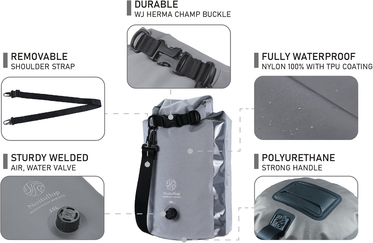 Washbag Portable Washing Machine - 15L Fully Waterproof Dry Bag - Lightweight Compact Nylon Washing Machine - Portable Manual Clothes Washer Laundry Bag (Gray)