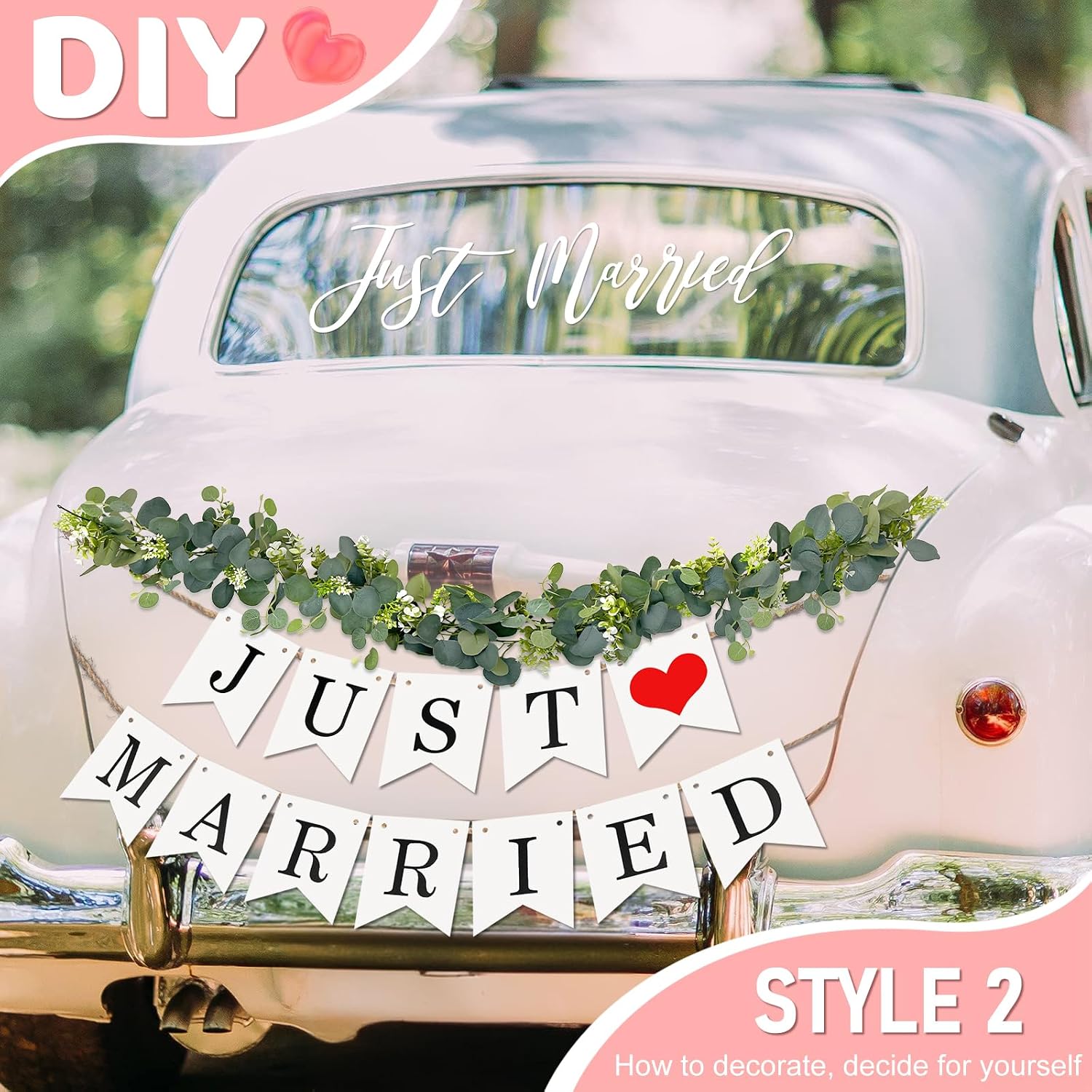 Elek Tonny Just Married Car Decorations Kit - Just Married Banner and Sign with Wedding Flower Vine- Wedding Car Decorations,Automotive Decals Accessories, White