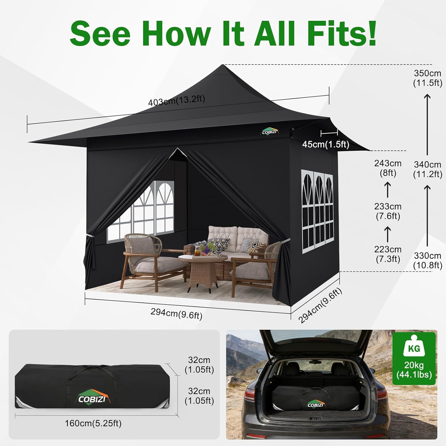 COBIZI 13x13 Pop up Canopy Tent Heavy Duty with 4 Sidewalls, Easy Up 100% Waterproof Commercial Outdoor Canopy Gazebo, 3 Height Adjustable with Handbag for Backyard, Lawn, Garden, Black