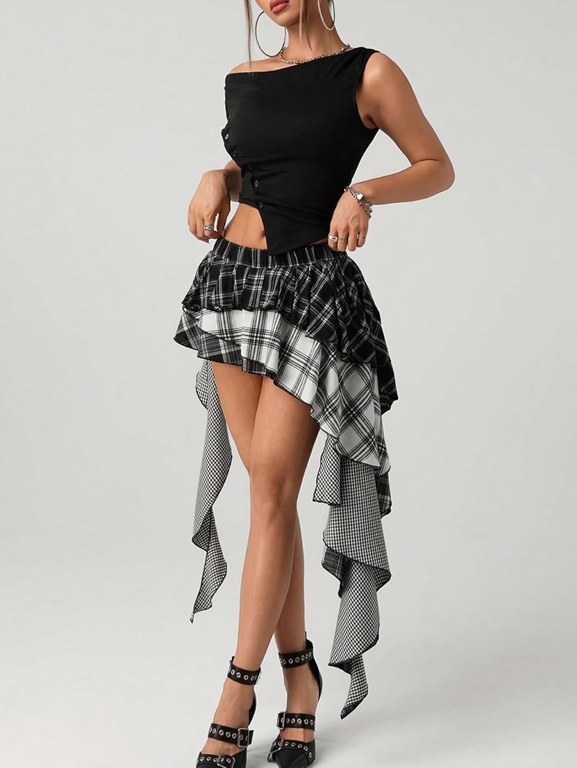 Women's Ruffle Plaid Skirt Y2k Mini Layered Asymmetrical Skirts with Shorts Underneath - Image 5