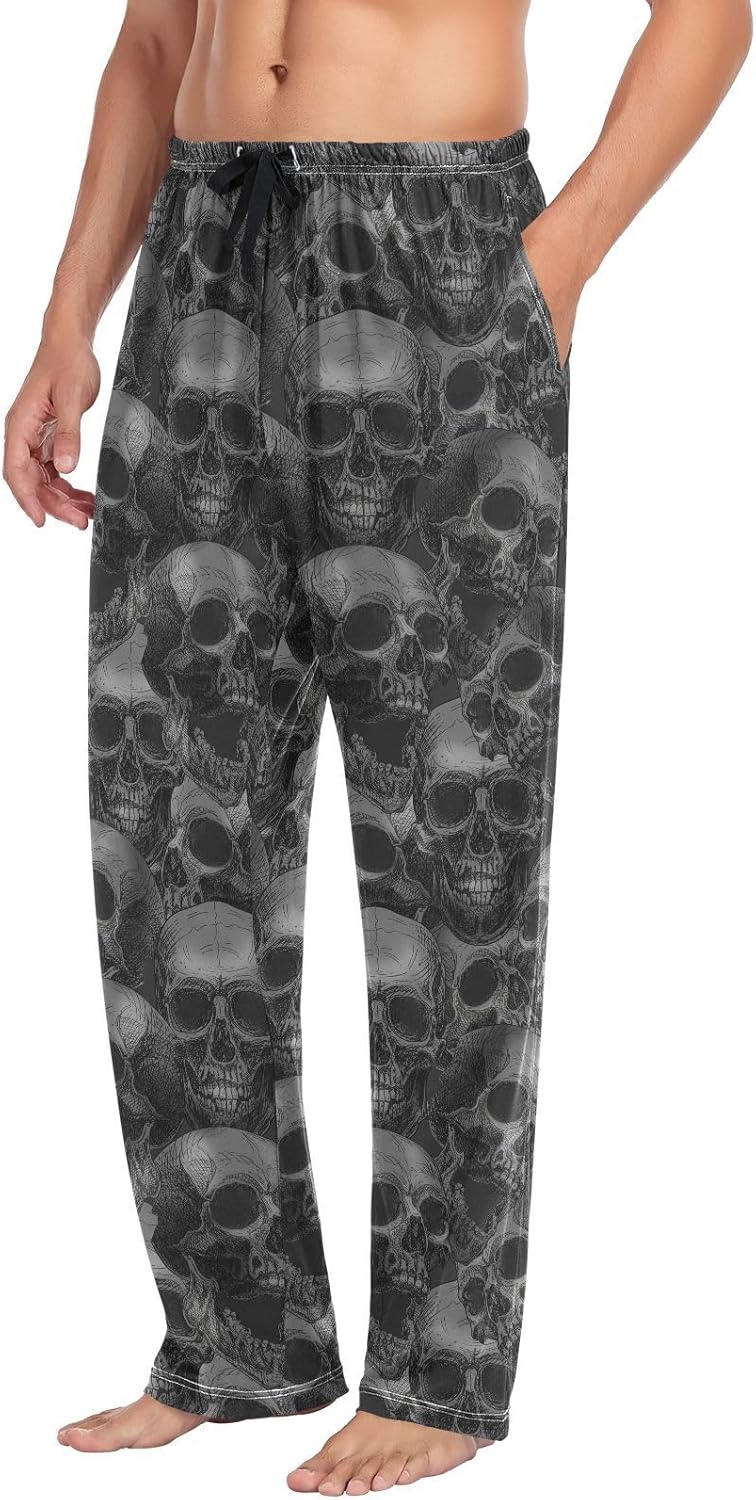 Men's Pajama Pants Skulls Black Sleep Bottoms Lounge Sleepwear Pockets Drawstring - Image 4