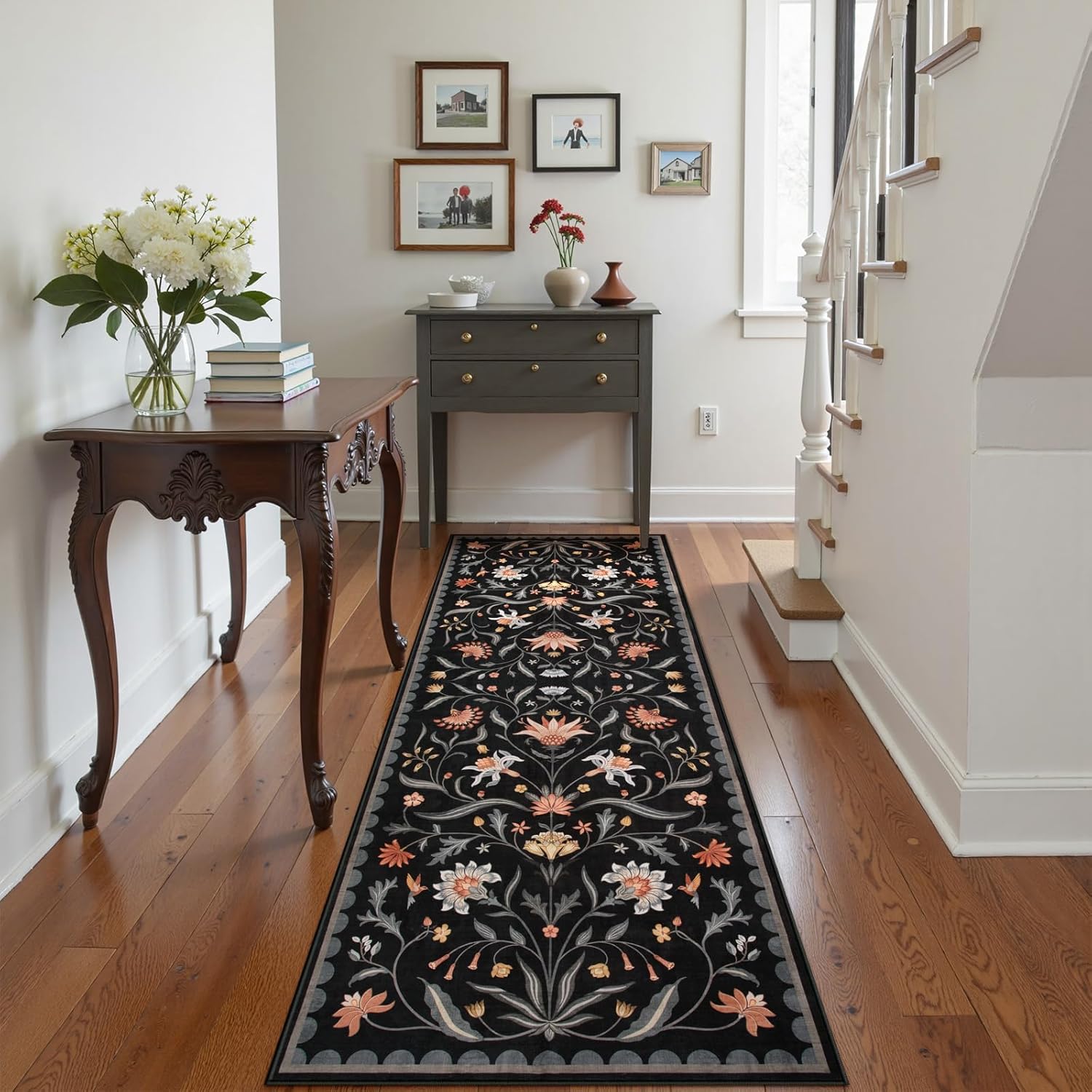 Lahome Boho Floral 2'6"x8' Washable Runners for Hallways, Kitchen Runner Rugs Non Skid Ultra-Thin, Soft Hallway Rug Throw Carpet Runners for Bedroom Bathroom Laundry Room (Black,2.6x8ft)