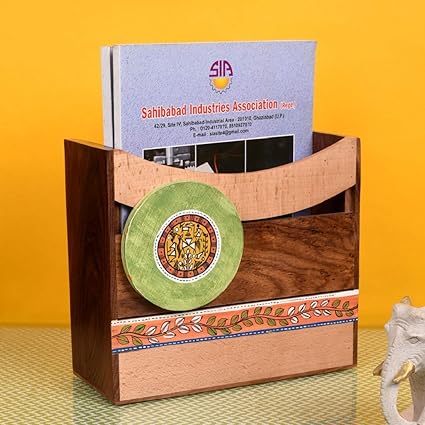 AAKRITI ART CREATIONS Madhubani Hand Carved Wooden Brown Magazine Holder for Home, Decorative Magazine Document Rack for Office
