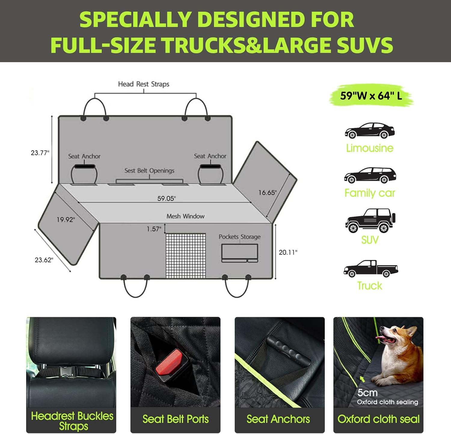 nzonpet Dog Back Seat Covers for Trucks, 100% Waterproof with Big Mesh Window, XL Nonslip Scratchproof Dog Truck Hammock, Heavy Duty Seat Covers for Full Sized Pickup Trucks F150- Green : Pet Supplies