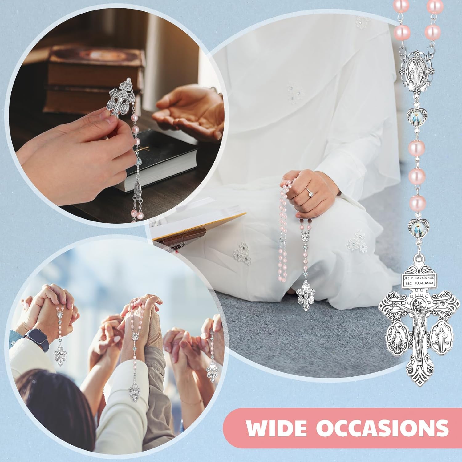 Landical 12 Sets 8 mm Pearl Rosary Beads with Crucifix Catholic Gifts for Women Pink Pearl Beads Rosary Necklace with Pray Cards for Women Men First Communion Christian Confirmation Gifts - Image 6