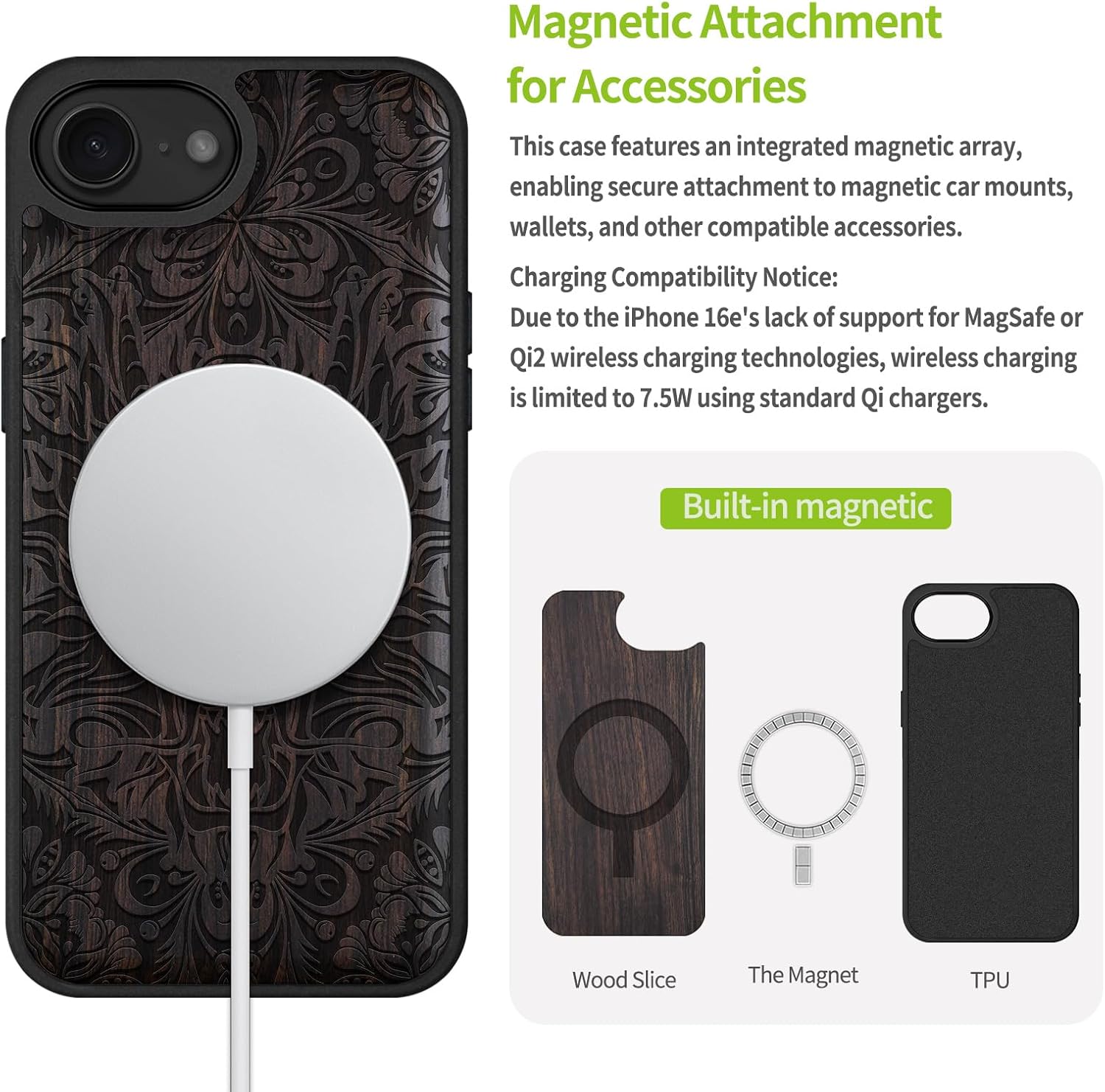 Carveit Magnetic Wooden Case for iPhone 16e / 17e, Solid Wood & TPU, Artisan Engraved Design, Shockproof Cover, Compatible with MagSafe Wireless Chargers, Dragon's Aura – Guardian Spirit - Blackwood