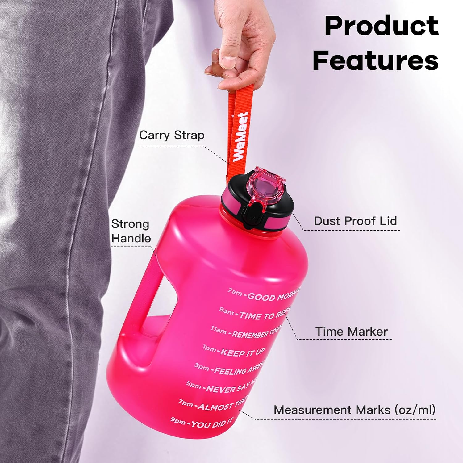 WEMEET Motivational Gallon Water Bottle, BPA Free, Large Sport Water Jug with Handle & Straw, for Fitness, Outdoor, Gym, Travel, Camping, Office (Pink)