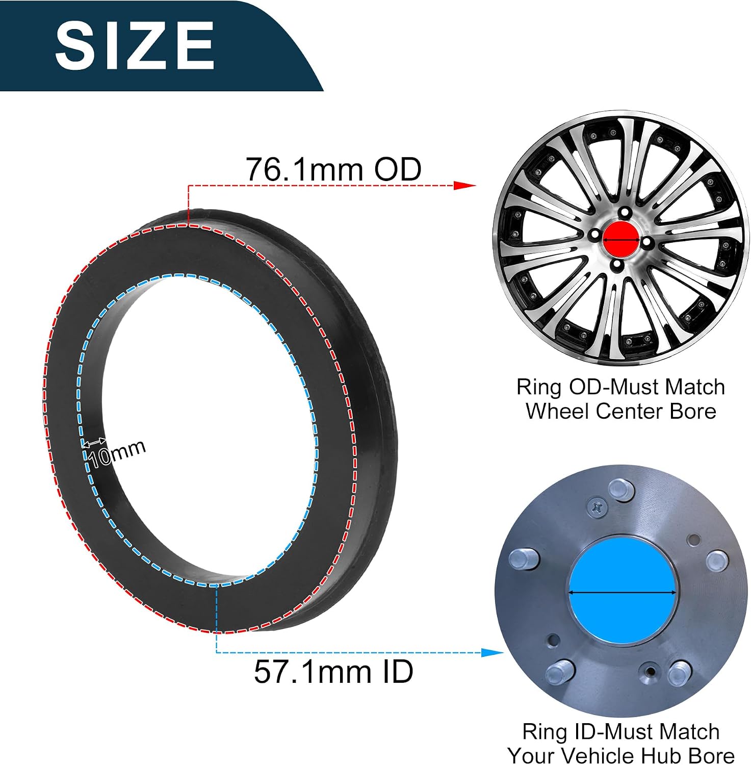 Car Wheel Hub Centric Rings Durable Wheels Center Shaft Shock Absorbing Hubrings Black 4 Pcs OD 76.1mm to ID 57.1mm Polycarbonate