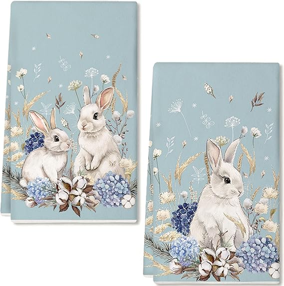 GEEORY Easter Kitchen Towels Set of 2 Purple Hydrangea Bunny Farmhouse Design (18x26 Inch)