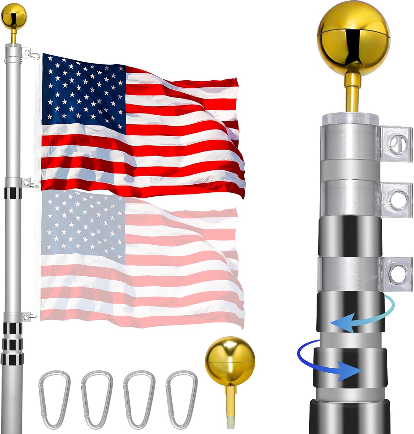 Flagpole for Outside House In Ground, 20FT Telescopic Flagpole Kit for Yard, Adjustable Extra Thick Aluminum Heavy Duty Flag Pole with 3x5 American Flag for Residential or Commercial, Black