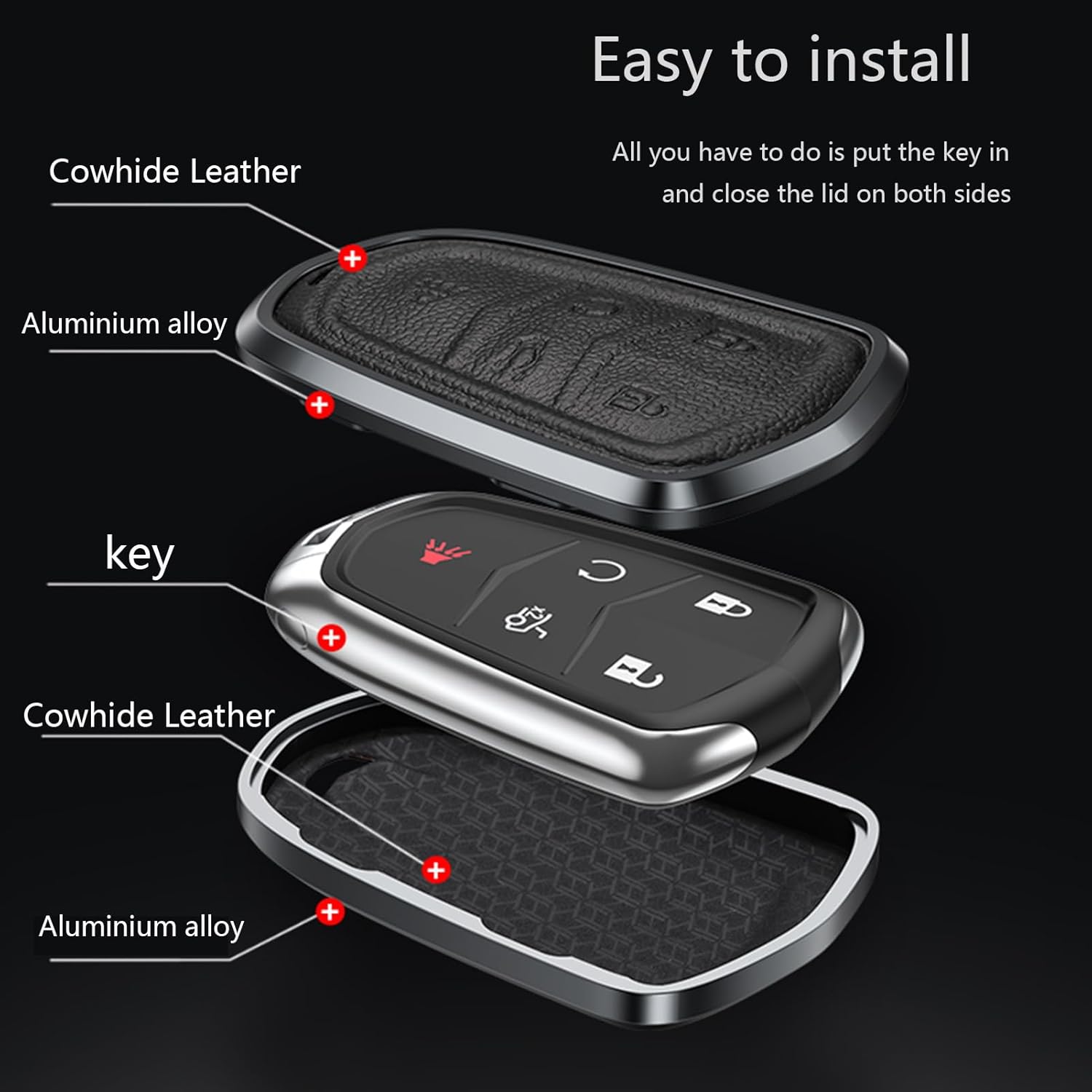 Lanyun Key fob Cover Keychain Compatible with Cadillac Escalade ATS CTS STS SRX XT5 CT6 Accessories Car Key Chain Remote Case Shell Protector 5 Button Leather and Aluminum Frame Type A