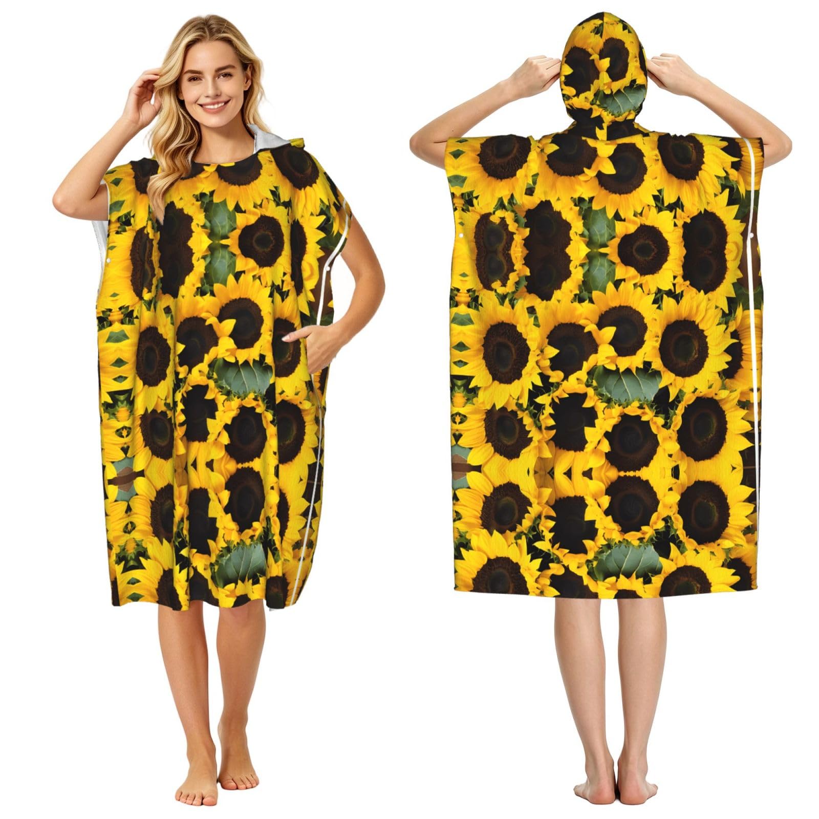 Sunflowers Print Changing Robe, Hooded Towel Poncho For Swimming Pool, Beach,Quick Dry & Light Weight Towelling Poncho For Adults Women Men