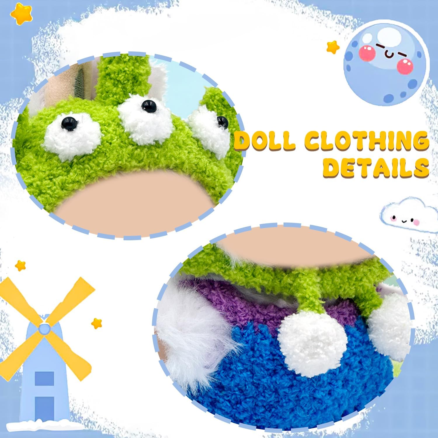 6.7" Doll Clothes(No Doll), 2-Piece Outfit with Handmade Hat & Jumpsuit , Animal Style Outfit for Cute Plush Doll, for Keychain Accessories(Green and Blue)
