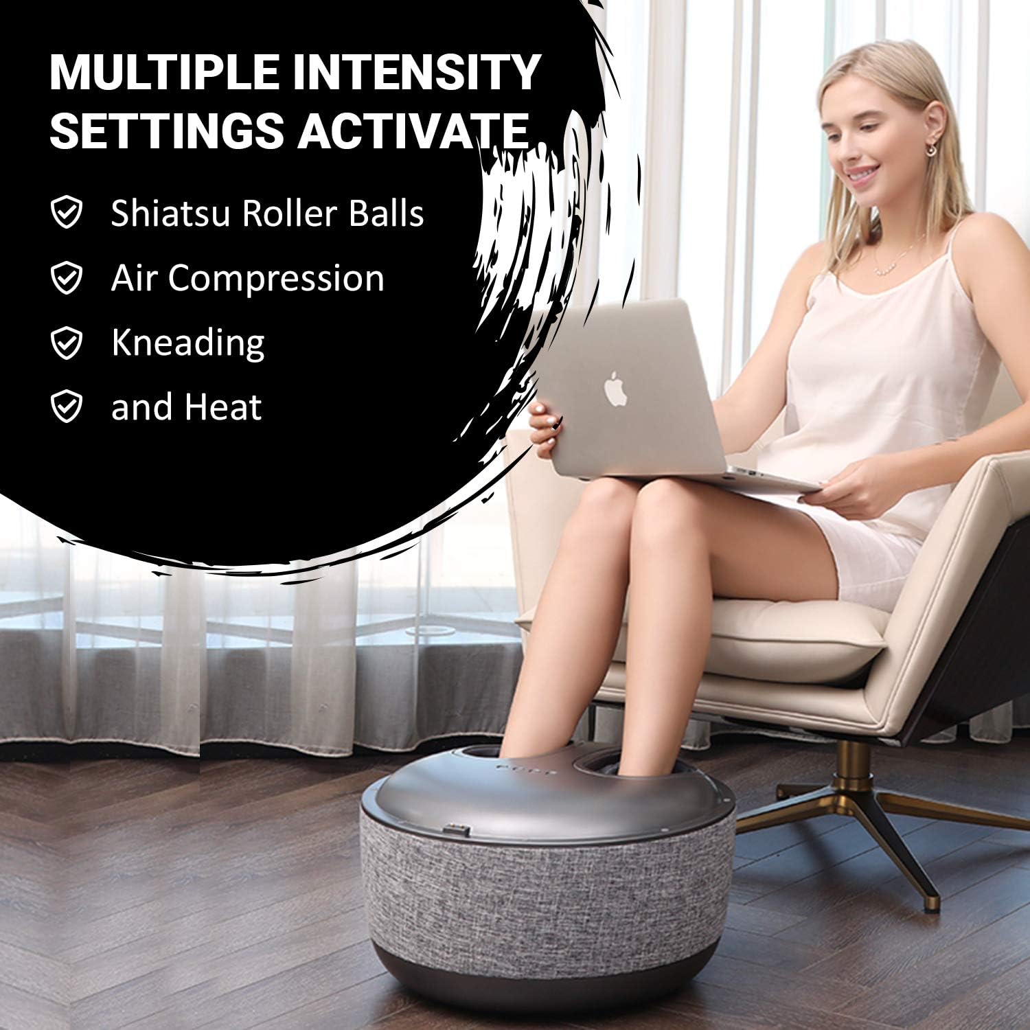 Ottoman Foot Massager by Ottossage, Massaging Ottoman with Removable Lid provides Air Compression, Shiatsu kneading, intense vibration and heat therapy. Extra Powerful with upgraded li-ion battery.