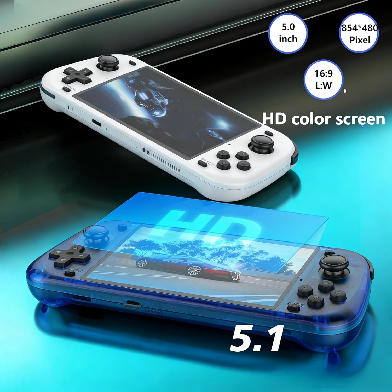 ugtenversi R50s Handheld Game Console, Portable Retro Gaming console,5.1" IPS Screen, Linux System,Preloaded 15,000+ games, 20+ Emulator,4200mAh battery，Transparent Blue 64GB