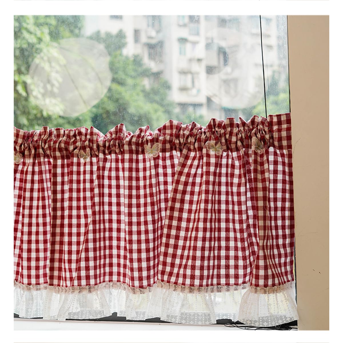 Purzen Short Gingham Cotton Linen Curtain for Kitchen Small Windows Vintage Country Style Rustic Checkered Window Drapes Café,Red,1.4 widthx 0.5m high