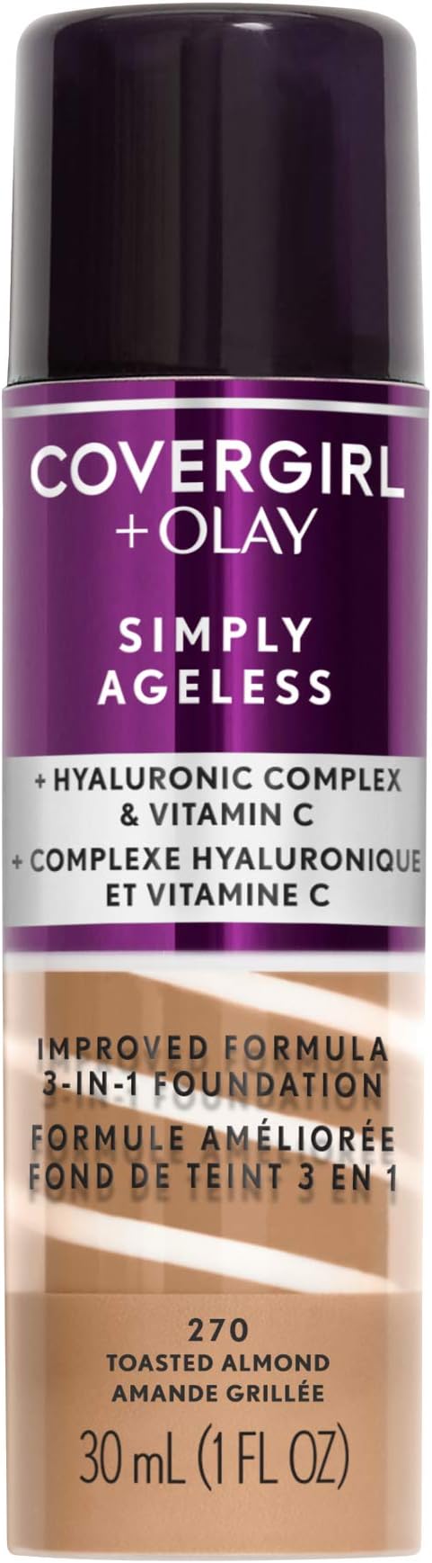 & Olay Simply Ageless 3-in-1 Liquid Foundation, Matte Finish, Hyaluronic & Vitamin C Formula, Cruelty Free, Toasted Almond, 1 Count