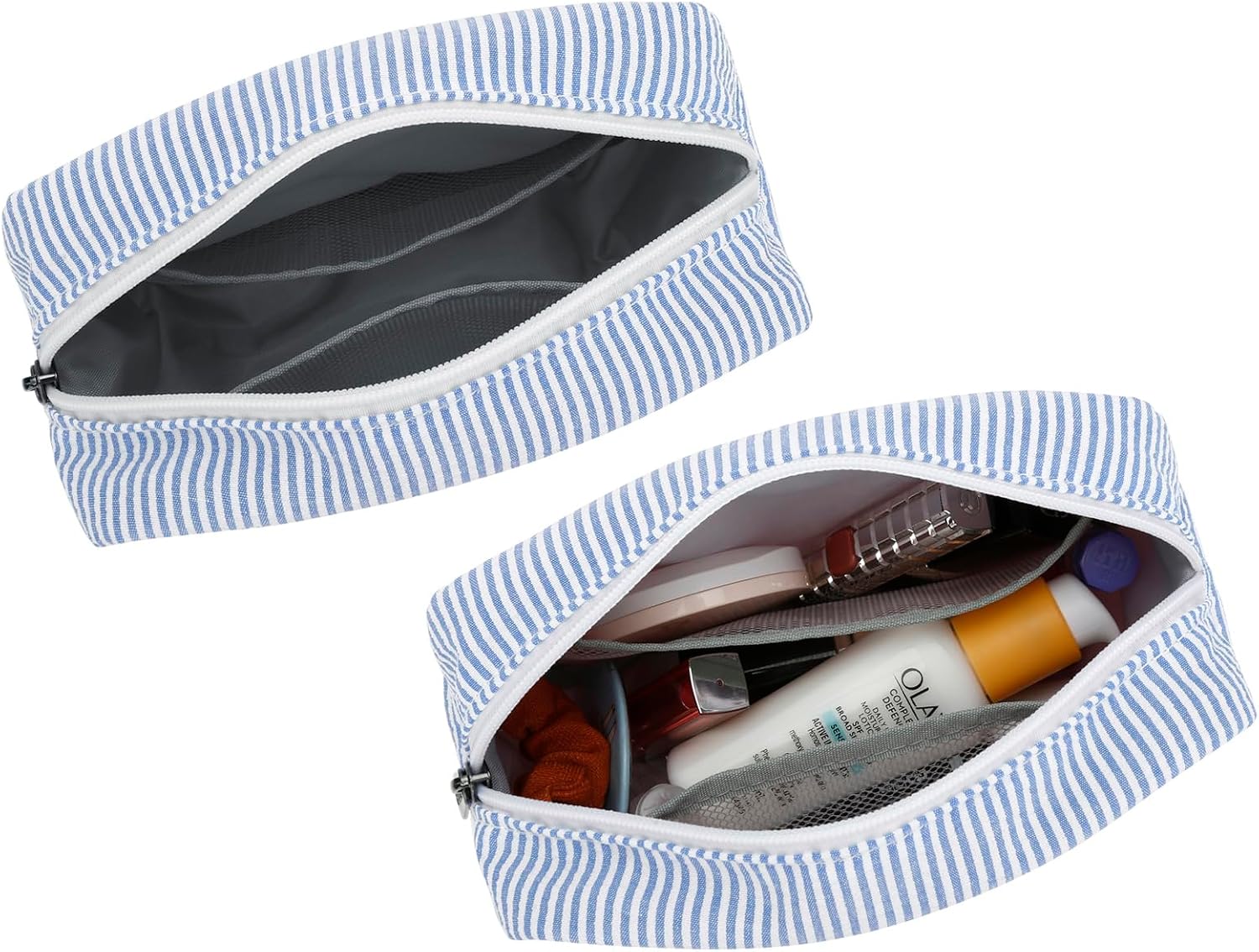 E-Tree Cute Makeup Bag,Zipper Make up Pouch for Purse,Toiletry Skincare Cosmetic Brush Case for Women Man,Personal Items Storage Organizer,Travel Size Essentials Accessories (Blue Stripe)