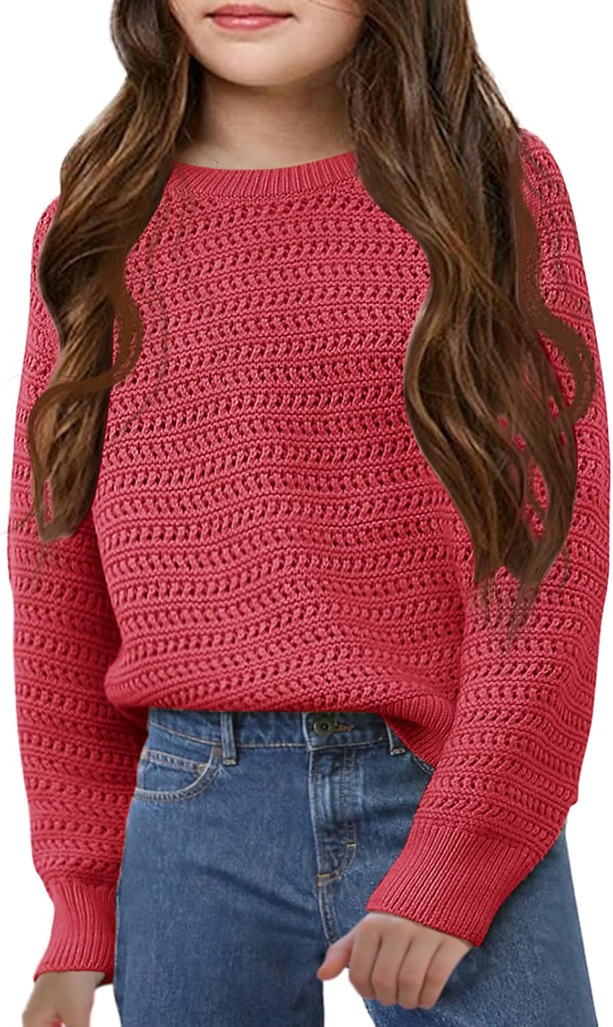 Girls Knit Sweaters Kids Fashion Chunky Crewneck Pullover Jumper Tops 5-14 Years