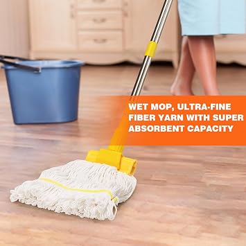 Professional Commercial Heavy Duty Mop,Clip Type Mop with 48 Long Handle,Cotton Wet Industrial Mops for Floor Cleaning,Home,Kitchen,Office,Garage and Concrete Tile Floor