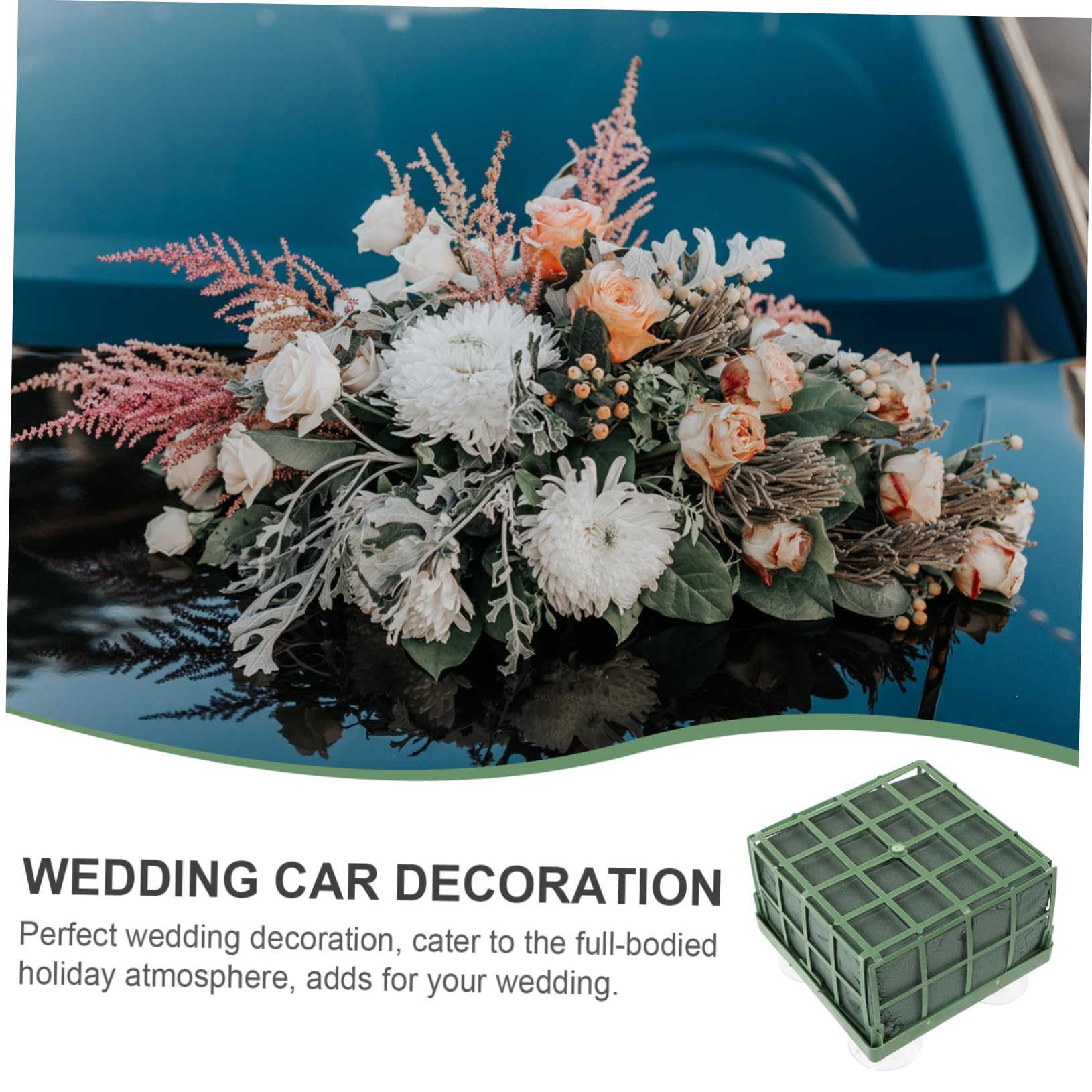 DOITOOL Décoration de Voiture de Mariage en Mousse Fleur, Base de Ventouse de Fleur en Plastique Vert, Lot de 3 pour Fête de Mariage