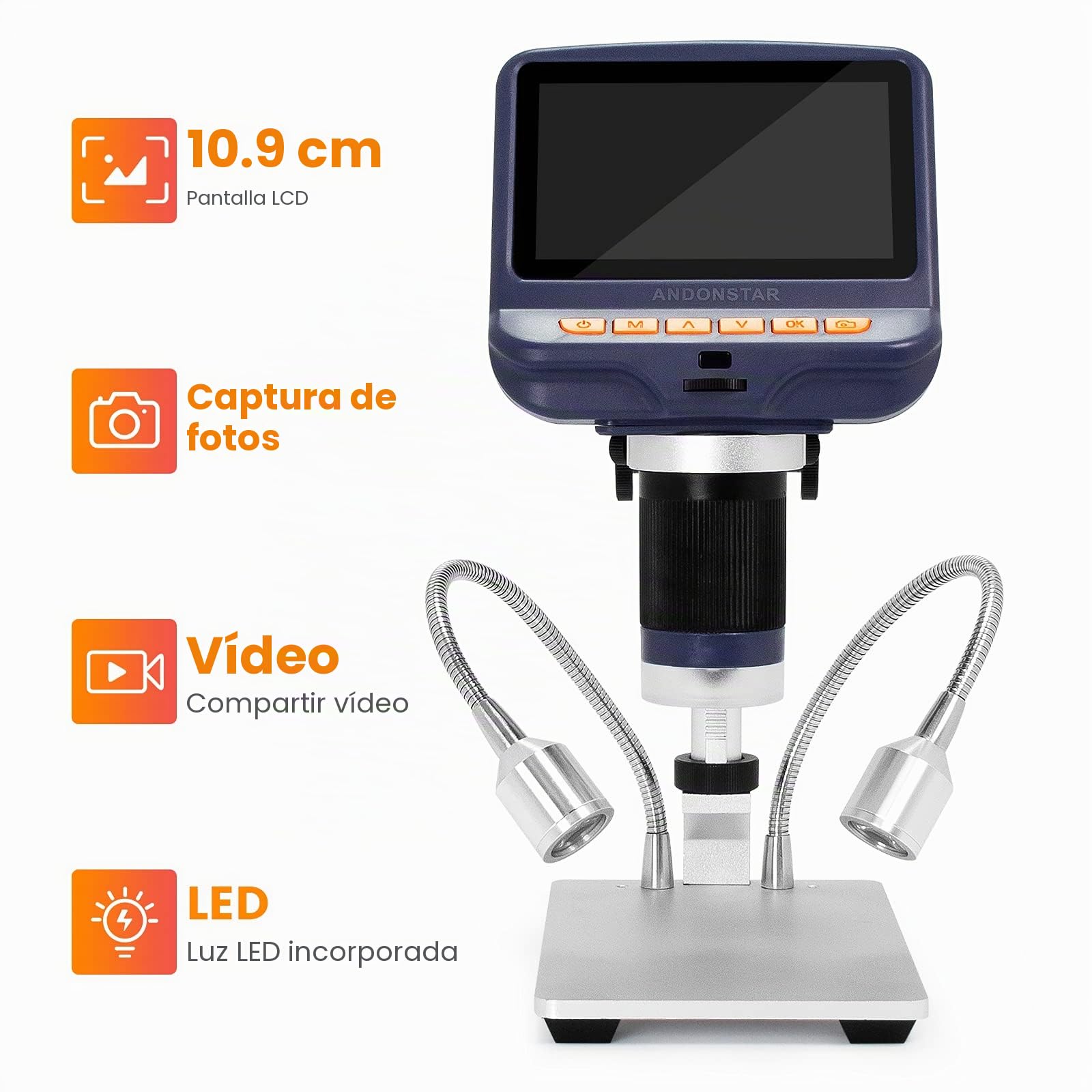 Andonstar AD106S Microscopio digital USB con pantalla LCD de 4.3 pulgadas, 200X para soldadura de PCB, cámara de microscopio para monedas con 8 luces LED ajustables