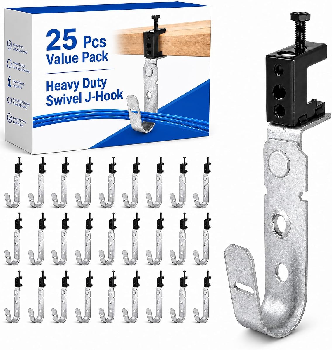 Blulu 25 Pcs Cable Support J Hook with Beam Clam Swivel Heavy Duty Metal Hangers for J Hook Hanging Cable Management Organizing Wire G60 Galvanized Steel (3/4 Inch)