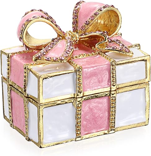 Miniatura 9 de Hipiwe Mini joyero de metal con nudo de lazo rosa con bisagras, caja decorativa de esmalte brillante, caja de tesoros, figura, aretes, soporte