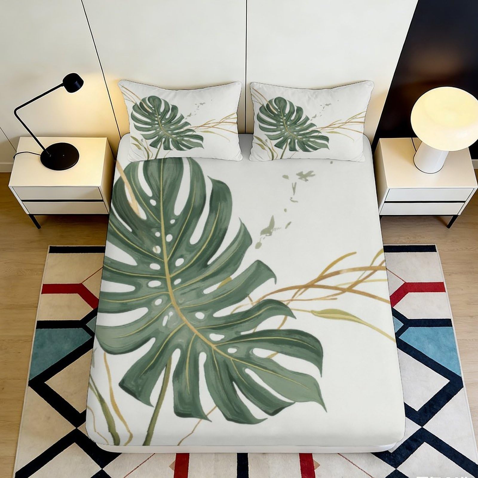 3D Printed Monstera Leaf Fitted Sheet Microfiber Soft Breathable Tropical Plant Bed Cover for Bedroom Guest Room Decor 200x200x25cm