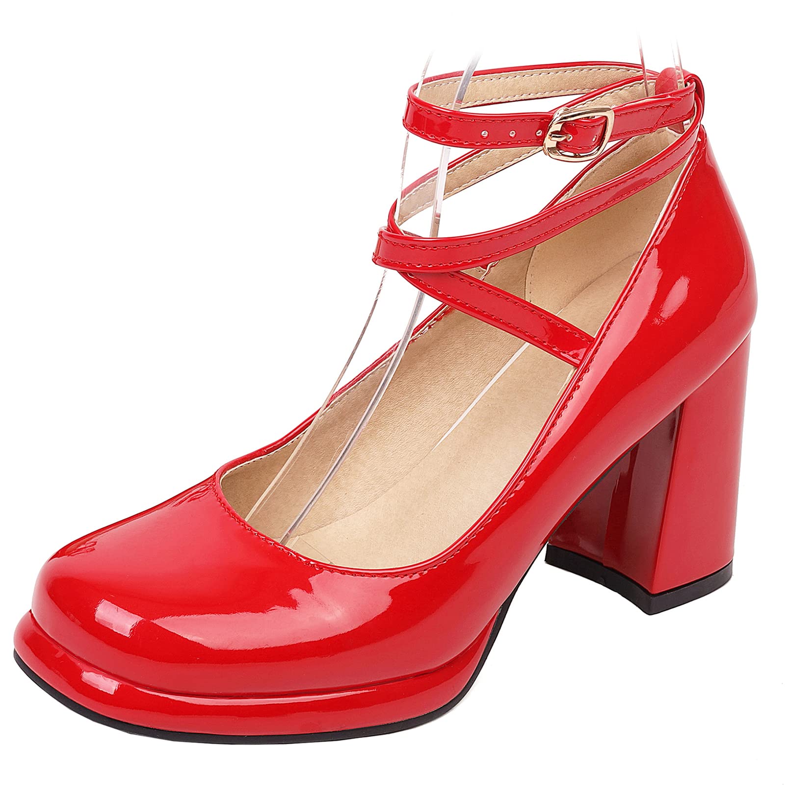 Lizoleor Zapatos Merceditas Mujer Tacon Ancho Punta Redonda Correa Tobillo Charol