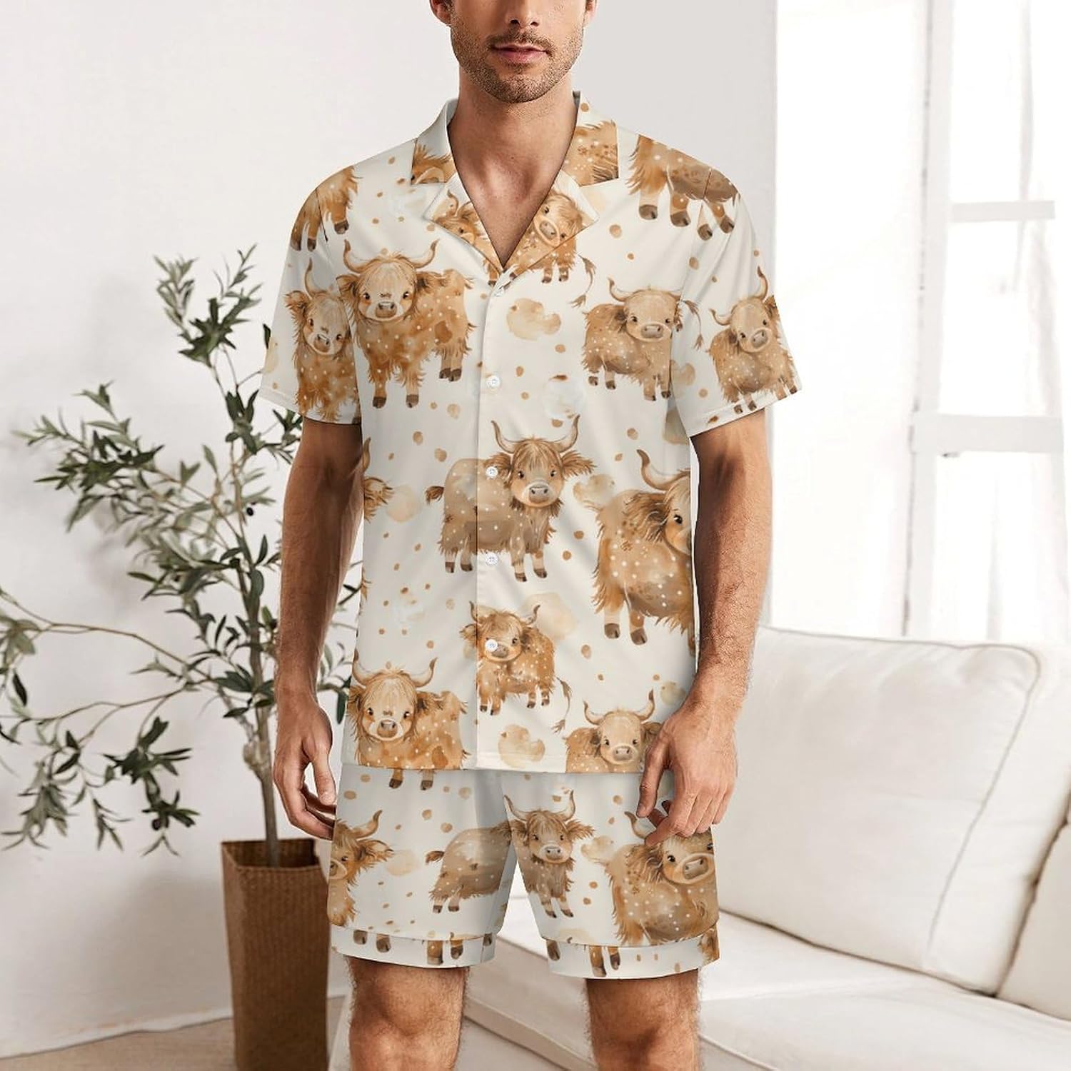 Cute Scottish Highland Cow Men's Short Sleeve Pajama Set Satin Silk Like Lounge Sleepwear