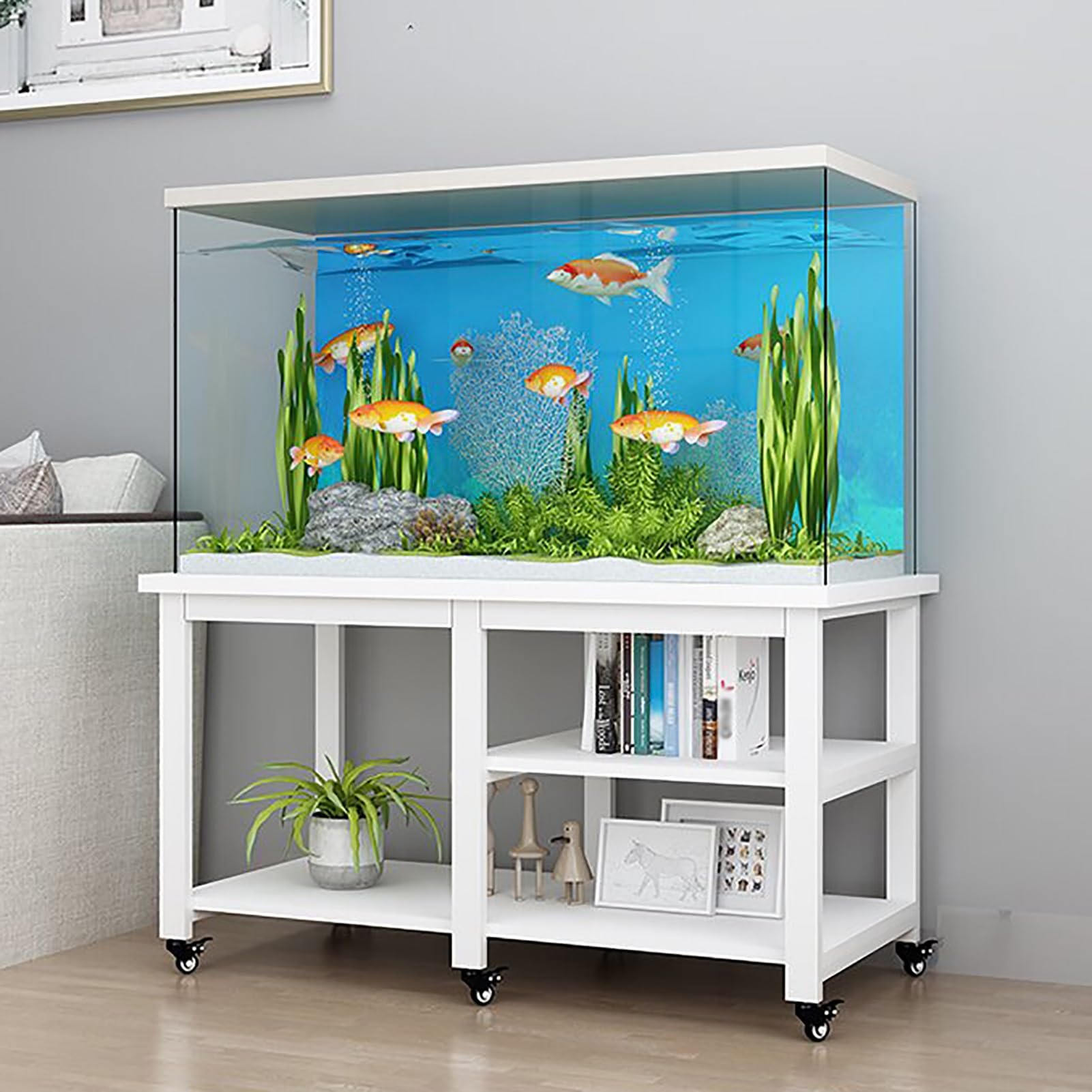 Mobilny Stojak na Akwarium z Kółkami, Stojak na Akwarium dla Ryb/Gadów, Półka Terrarium, Półka Zbiornik Hodowlany(White,60x35cm/24x14in)
