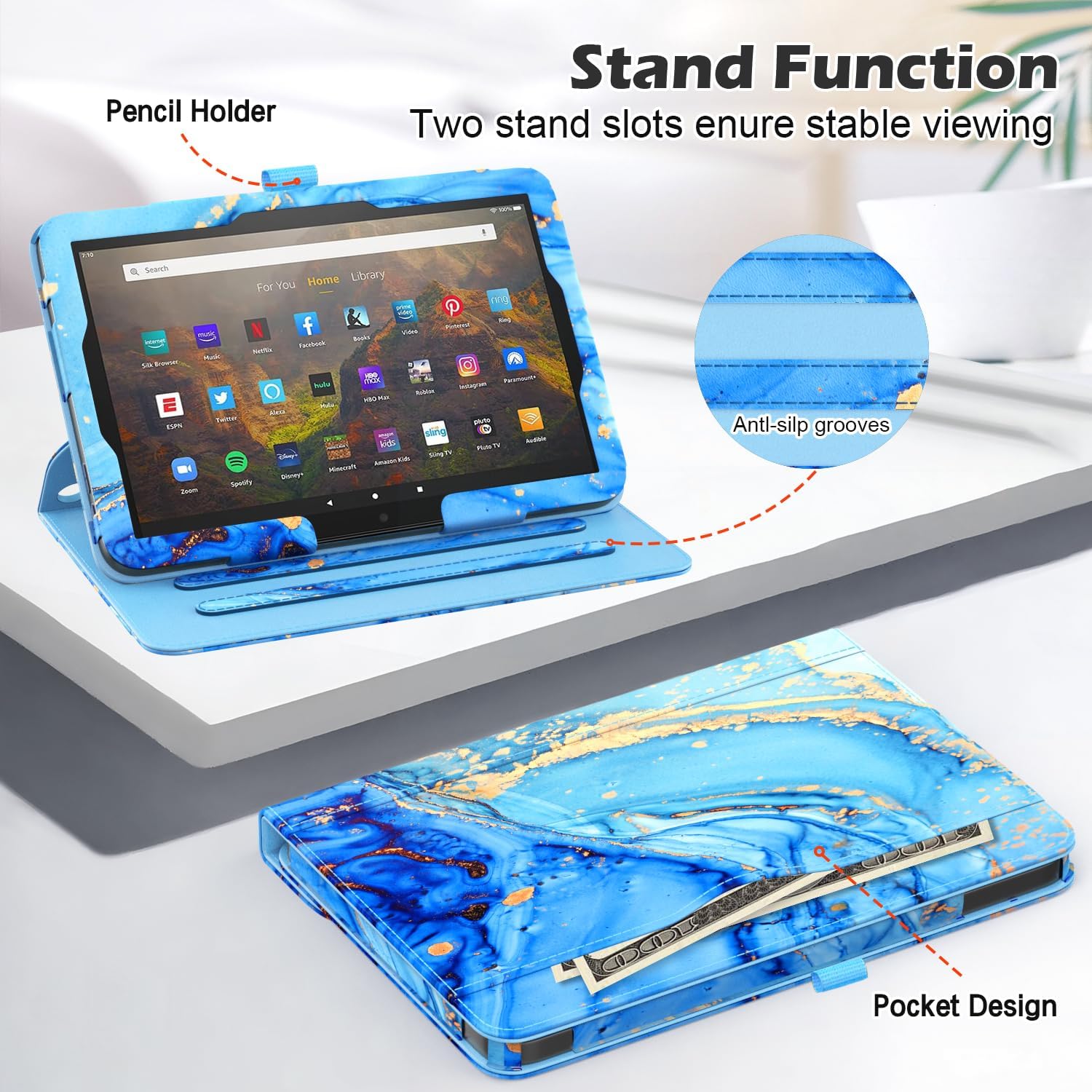 ZoneFoker Case for Fire HD 10 Tablet (13th/ 11th Generation 2023/2021 Released), 360 Degree Rotating Stand PU Leather Cover with Pencil Holder, Auto Sleep/Wake for HD 10/10 Plus, Marble Blue