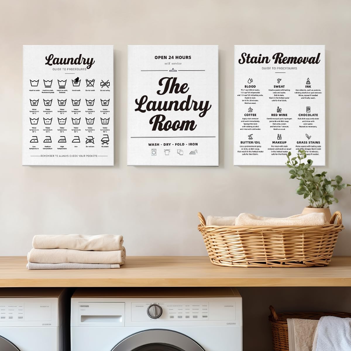 STHTTSW Laundry Room Decor, Laundry Signs Symbols Sign Wall Decor Set of 3, Wall Art Canvas Prints 11x14