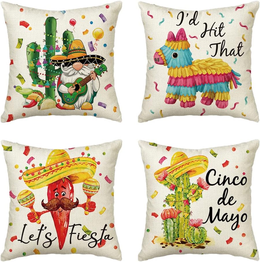 AVOIN colorlife Cinco de Mayo Cactus Chili Throw Pillow Covers, 18 x 18 Inch Let's Fiesta Patriotic Holiday of Mexico Cushion Case for Sofa Couch Set of 4