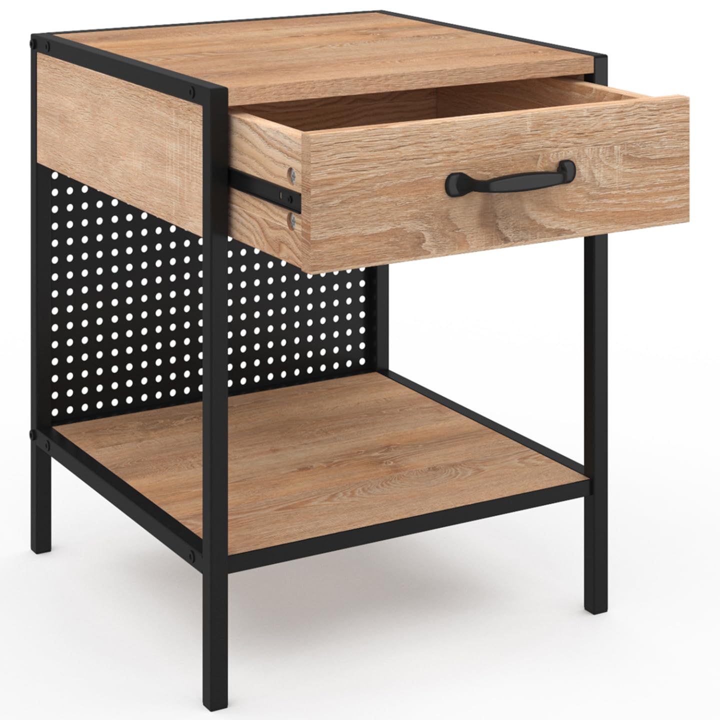 IDMarket - Lot de 2 Tables de Chevet Preston Bois et Acier perforé Noir