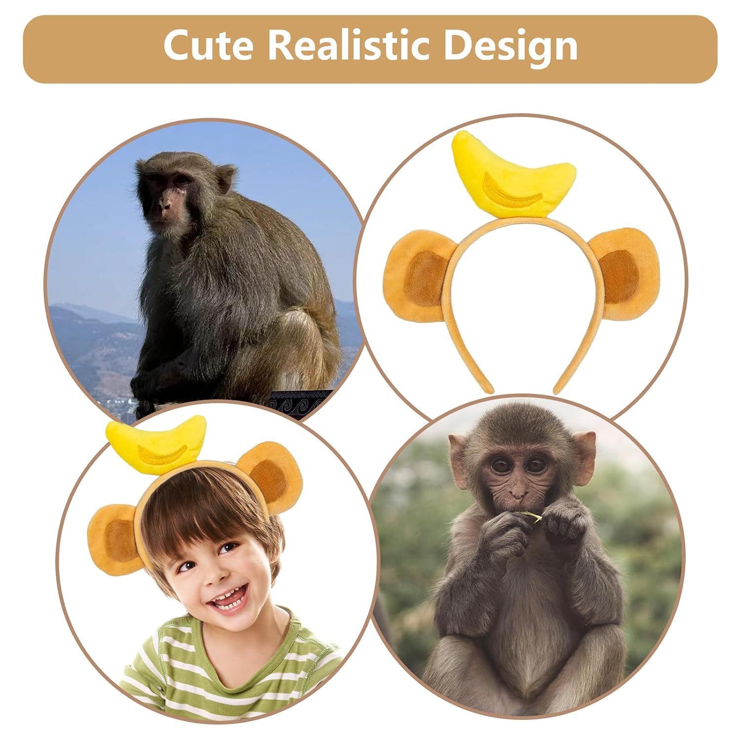 Beviliu Animals Ears Headband Realistic Monkey Ears Headband Plush Monkey Costume Yellow Banana Costume Halloween Christmas Funny Hairband for Washing Makeup Cosplay Theme Party