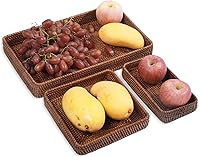 Vista 7 de Bandeja de servir de ratán, bandeja tejida rectangular, cestas decorativas de mimbre natural para organizar la mesa, baño, encimera de cocina Marrón