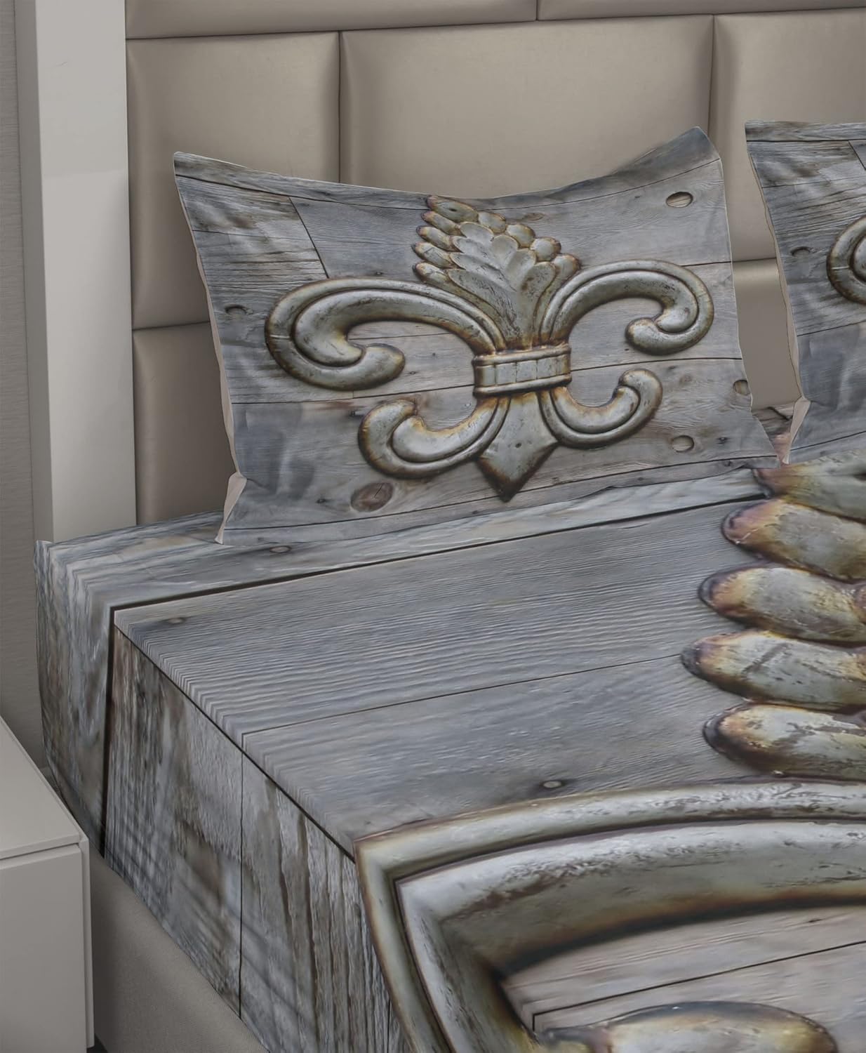 Ambesonne Fleur De Lis Sheet Set, Lily on Weathered Old Wooden Planks Historical Theme Image, Fitted and Flat Sheet with Pillowcases Bedding Accent 4 Piece Set, Queen, Grey Brown