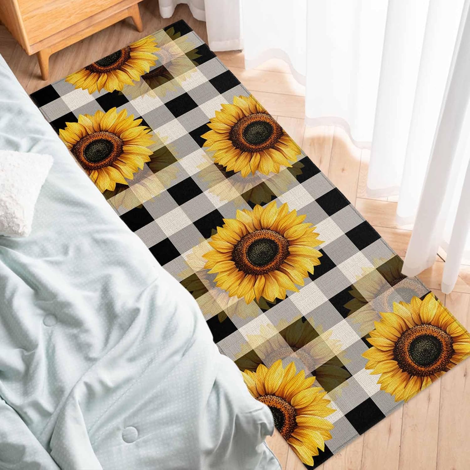Teamery Kitchen Mats for Floor Summer Watercolor Sunflower Still Life Washable Non Slip Kitchen Rugs 1PCS, Black Gingham Check Absorbent Standing Mats for Sink Bathroom Office Living Room 23.6x70.9in